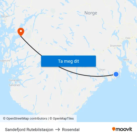 Sandefjord Rutebilstasjon to Rosendal map