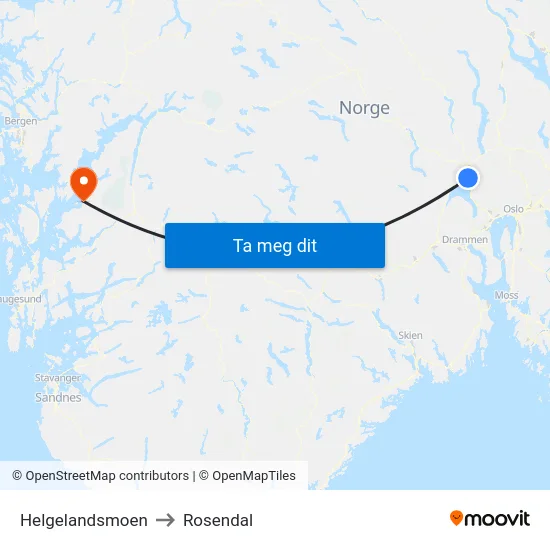 Helgelandsmoen to Rosendal map