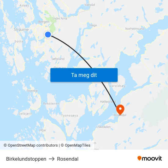 Birkelundstoppen to Rosendal map