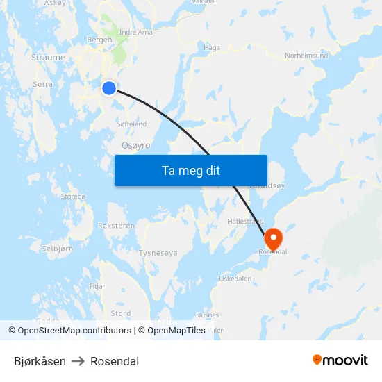 Bjørkåsen to Rosendal map
