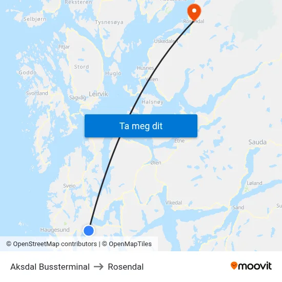 Aksdal Bussterminal to Rosendal map