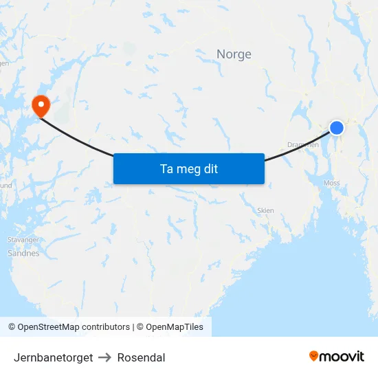 Jernbanetorget to Rosendal map