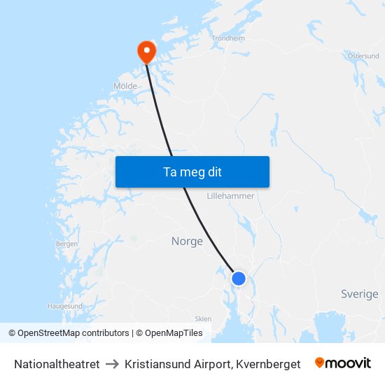 Nationaltheatret to Kristiansund Airport, Kvernberget map