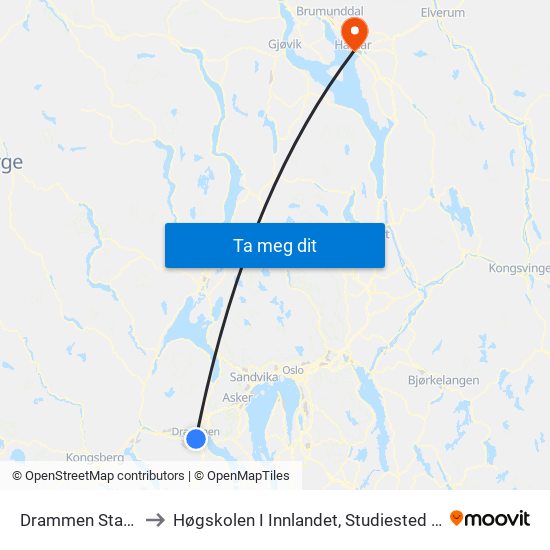 Drammen Stasjon to Høgskolen I Innlandet, Studiested Hamar map