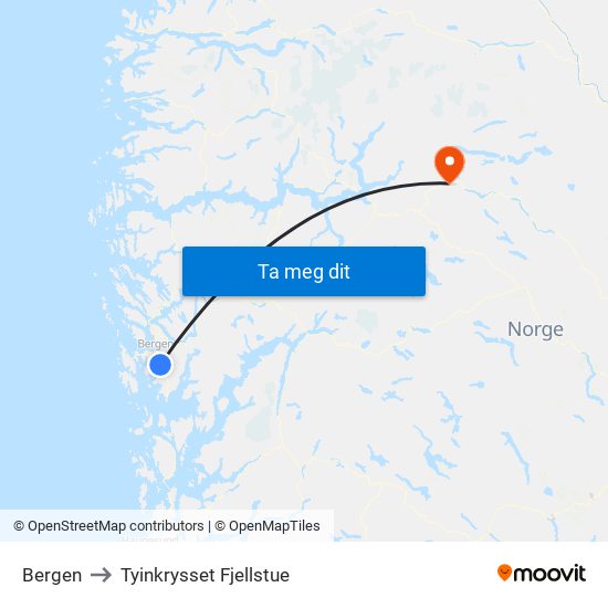 Bergen to Tyinkrysset Fjellstue map