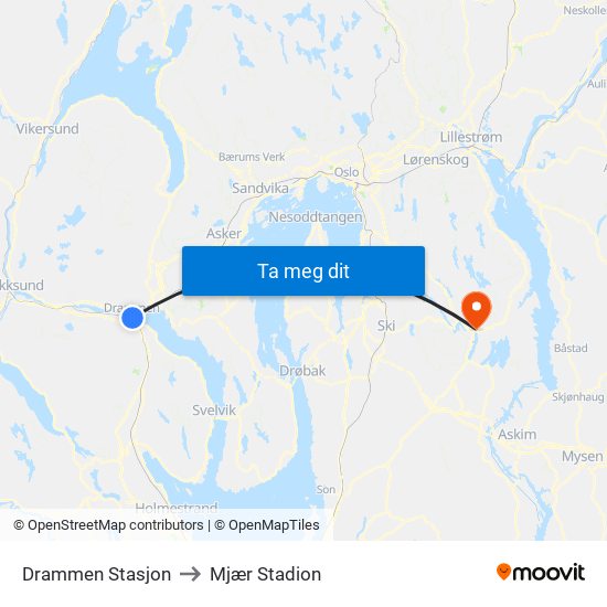 Drammen Stasjon to Mjær Stadion map