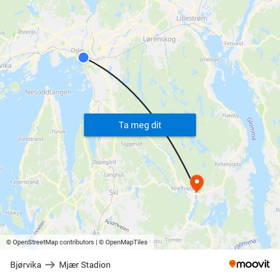 Bjørvika to Mjær Stadion map