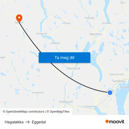 Hagaløkka to Eggedal map
