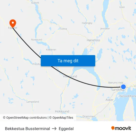 Bekkestua Bussterminal to Eggedal map