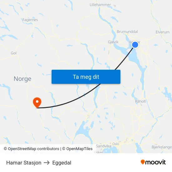 Hamar Stasjon to Eggedal map