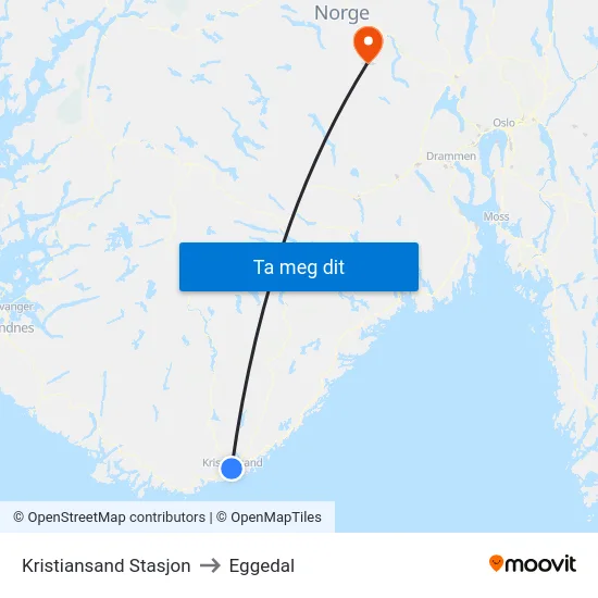 Kristiansand Stasjon to Eggedal map
