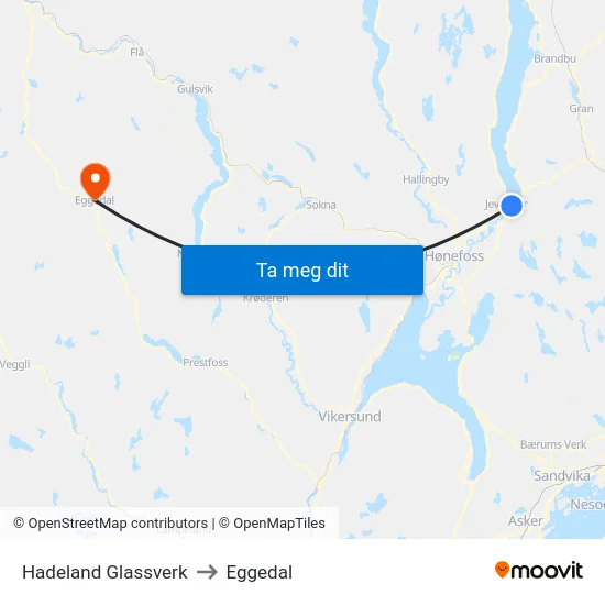 Hadeland Glassverk to Eggedal map