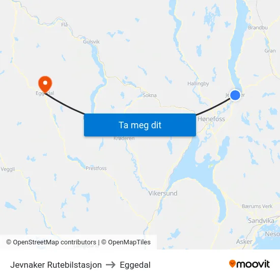 Jevnaker Rutebilstasjon to Eggedal map