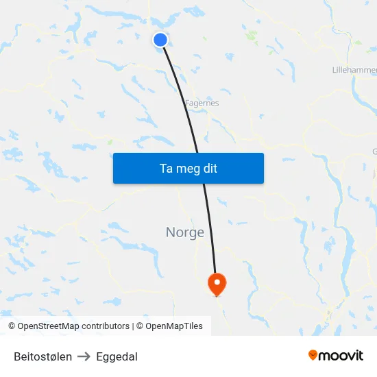 Beitostølen to Eggedal map