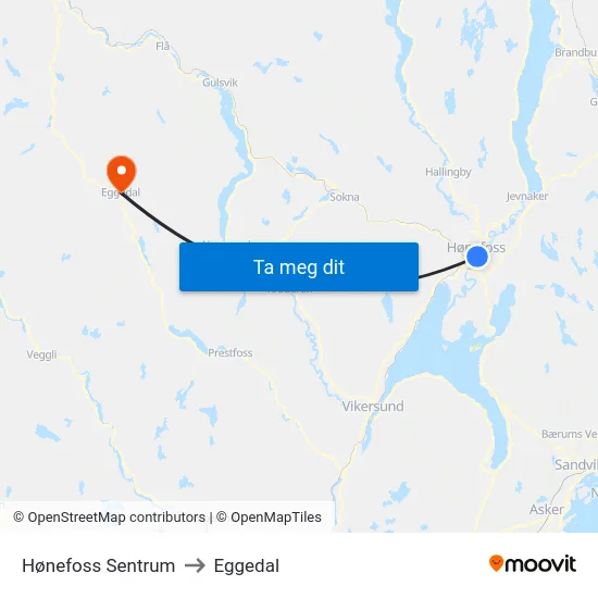 Hønefoss Sentrum to Eggedal map