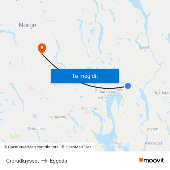 Grorudkrysset to Eggedal map