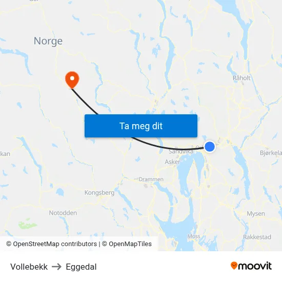 Vollebekk to Eggedal map