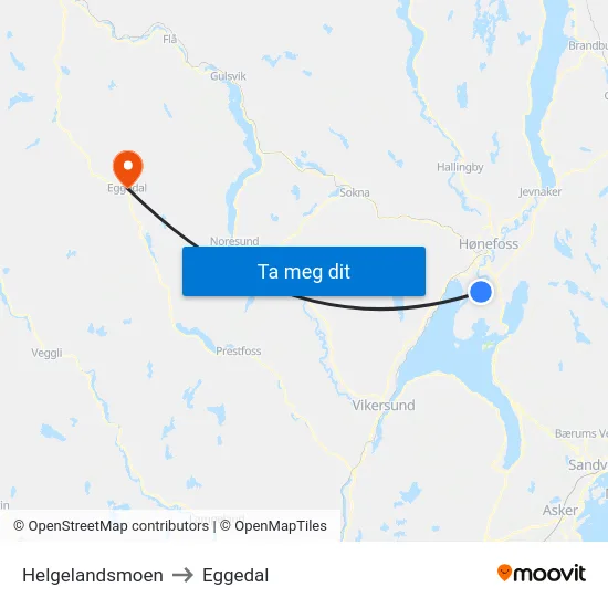 Helgelandsmoen to Eggedal map