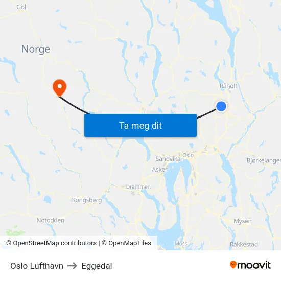 Oslo Lufthavn to Eggedal map