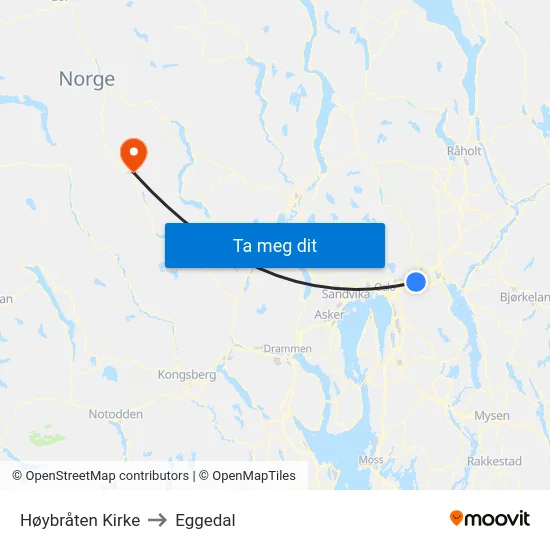 Høybråten Kirke to Eggedal map