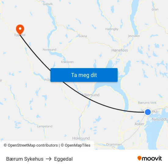 Bærum Sykehus to Eggedal map