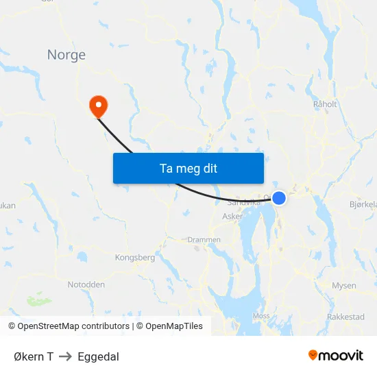 Økern T to Eggedal map