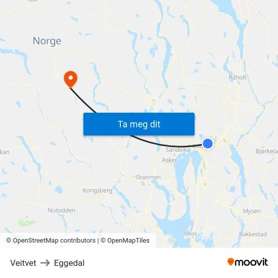 Veitvet to Eggedal map