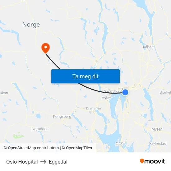 Oslo Hospital to Eggedal map
