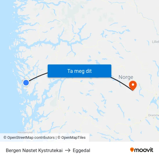 Bergen Nøstet Kystrutekai to Eggedal map