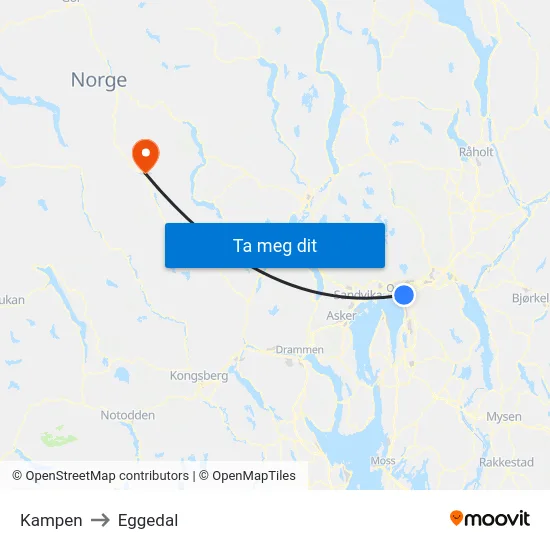 Kampen to Eggedal map