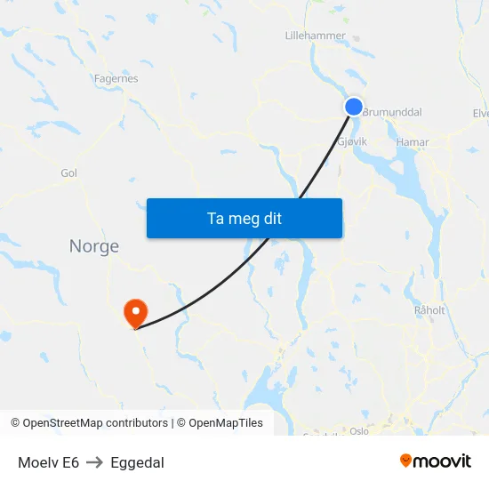 Moelv E6 to Eggedal map