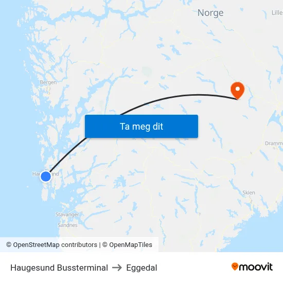 Haugesund Bussterminal to Eggedal map