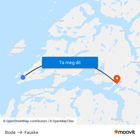 Bodø to Fauske map