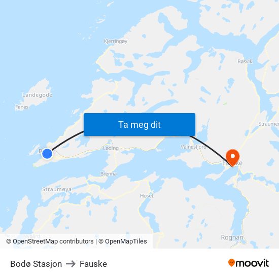 Bodø Stasjon to Fauske map