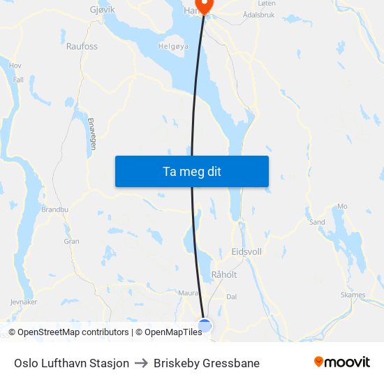 Oslo Lufthavn Stasjon to Briskeby Gressbane map