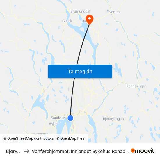 Bjørvika to Vanførehjemmet, Innlandet Sykehus Rehabilitering map