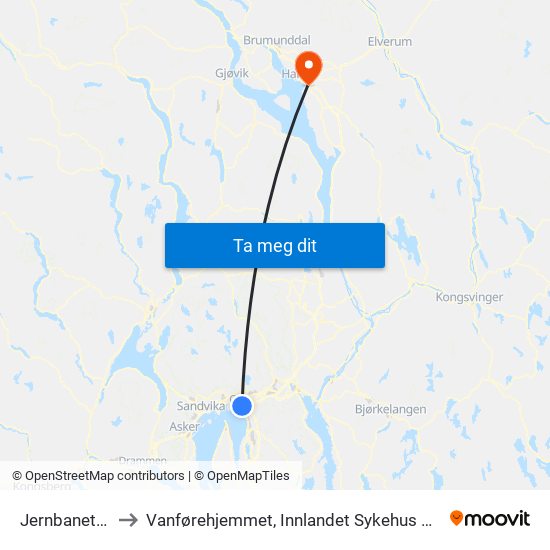 Jernbanetorget to Vanførehjemmet, Innlandet Sykehus Rehabilitering map