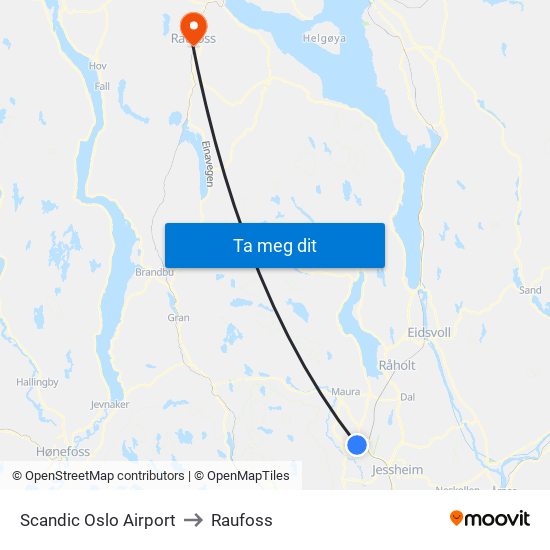 Scandic Oslo Airport to Raufoss map