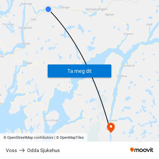 Voss to Odda Sjukehus map