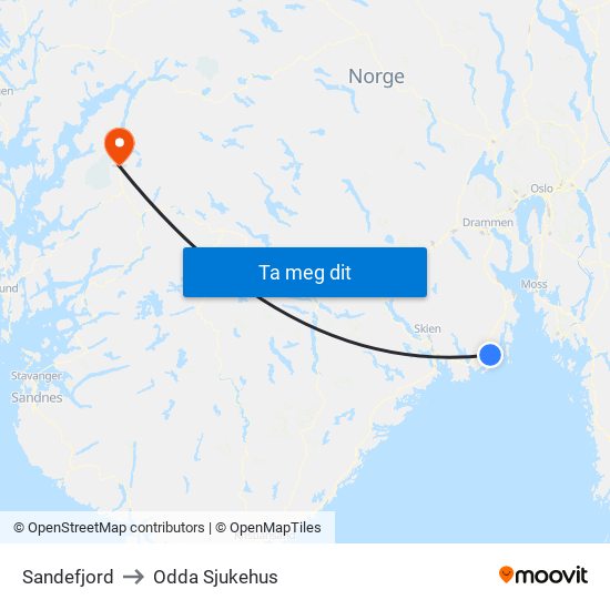 Sandefjord to Odda Sjukehus map