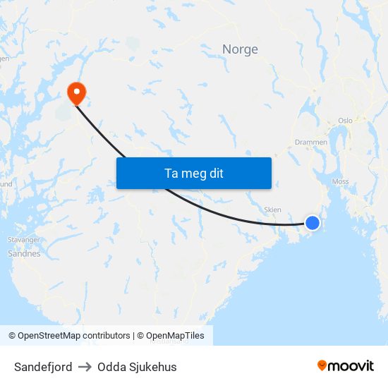 Sandefjord to Odda Sjukehus map