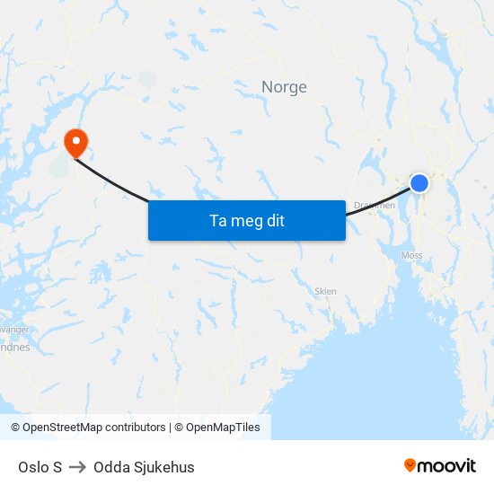 Oslo S to Odda Sjukehus map