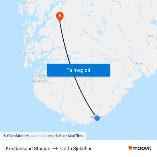 Kristiansand Stasjon to Odda Sjukehus map