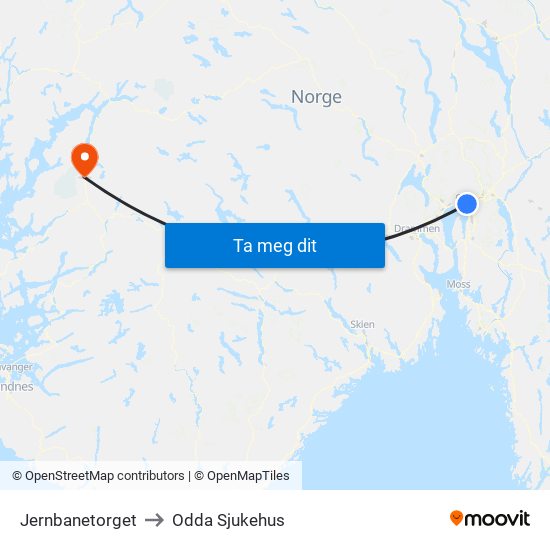 Jernbanetorget to Odda Sjukehus map
