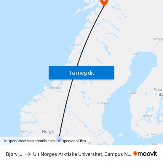 Bjørvika to Uit Norges Arktiske Universitet, Campus Narvik map