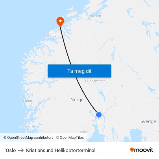 Oslo to Kristiansund Helikopterterminal map