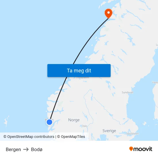 Bergen to Bodø map