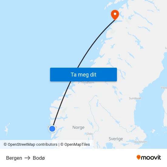 Bergen to Bodø map
