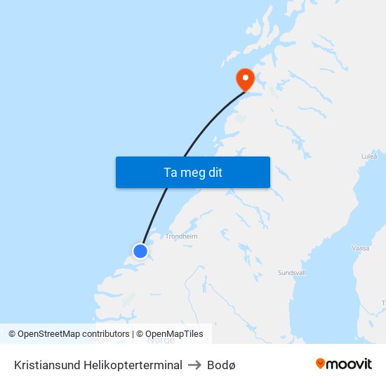 Kristiansund Helikopterterminal to Bodø map