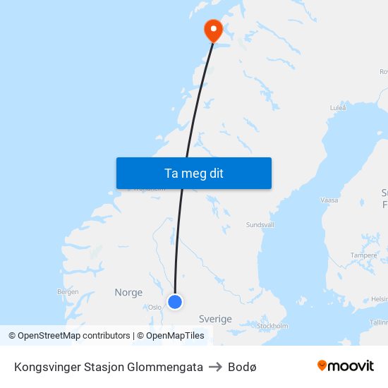 Kongsvinger Stasjon Glommengata to Bodø map